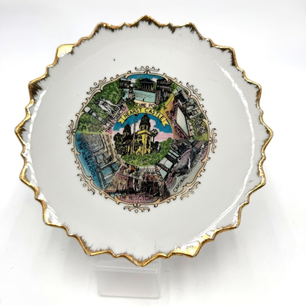 Souvenir Plate White Gold Hearst Castle‎ San Simeon California Vintage